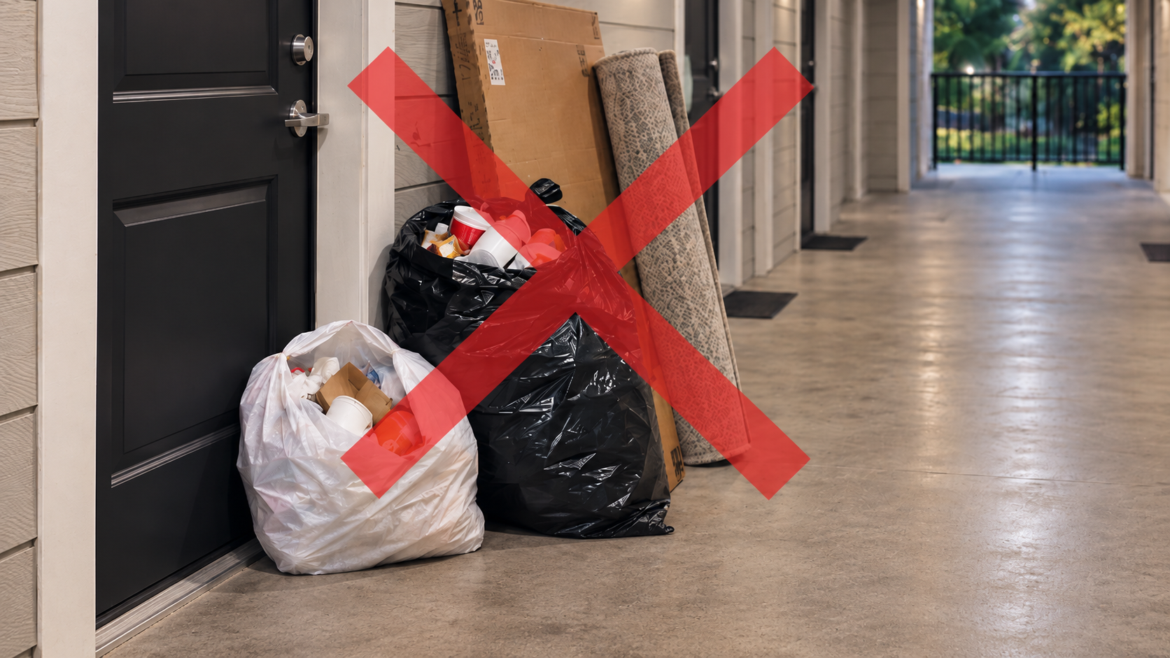 Incorrect setup showing overfilled bags and loose items left outside an apartment door, marked as not acceptable